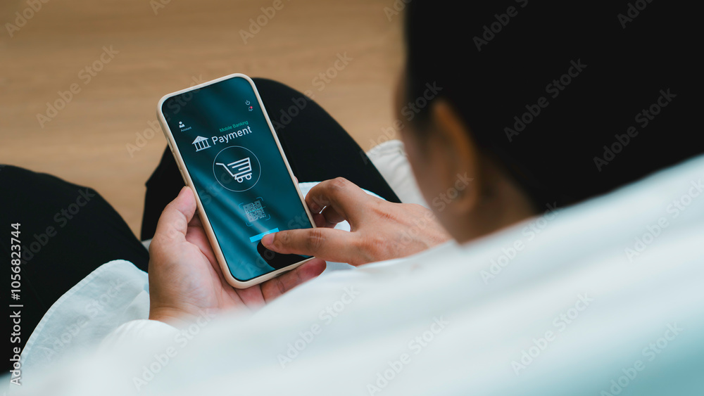 online shopping and payment via mobile banking apps. a woman accessing a mobile banking app on her smartphone, Internet bank, money transaction, fintech, Digital banking network, internet payment