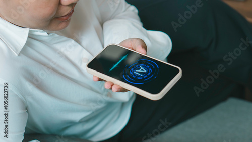 Obraz na płótnie hand holding smart phone voice command with digital Artificial intelligence AI, technology smart robot AI, artificial intelligence for idea and generates. w salonie