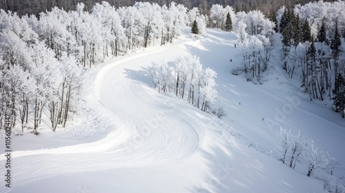 Serene Winter Wonderland: Ski Trail Through Snowy Forest - Perfect for Winter Sports Enthusiasts