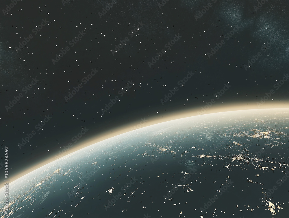 Obraz premium A serene view of Earth’s curvature set against the starry expanse of space, highlighting the planet’s delicate beauty in contrast to the surrounding void.