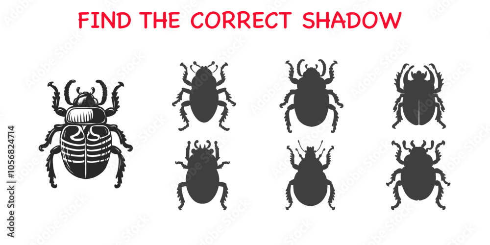 Worksheet page with education task to Find the correct shadow. Educational game for kids to choose right silhouette of insect. Attention task to match suitable figure for beetle. Activity task. Worksheet page with education task to Find the correct shadow. Educational game for kids to choose right silhouette of insect. Attention task to match suitable figure for beetle. Activity task.