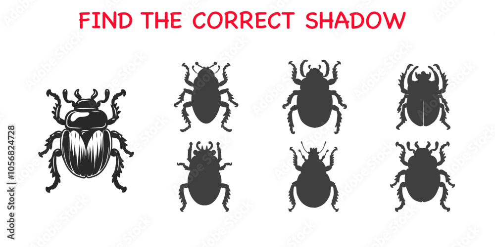 Obraz premium Educational game to Find the correct shadow for kids. Attention task to compare beetle and silhouettes, choose right silhouette. Vector illustration