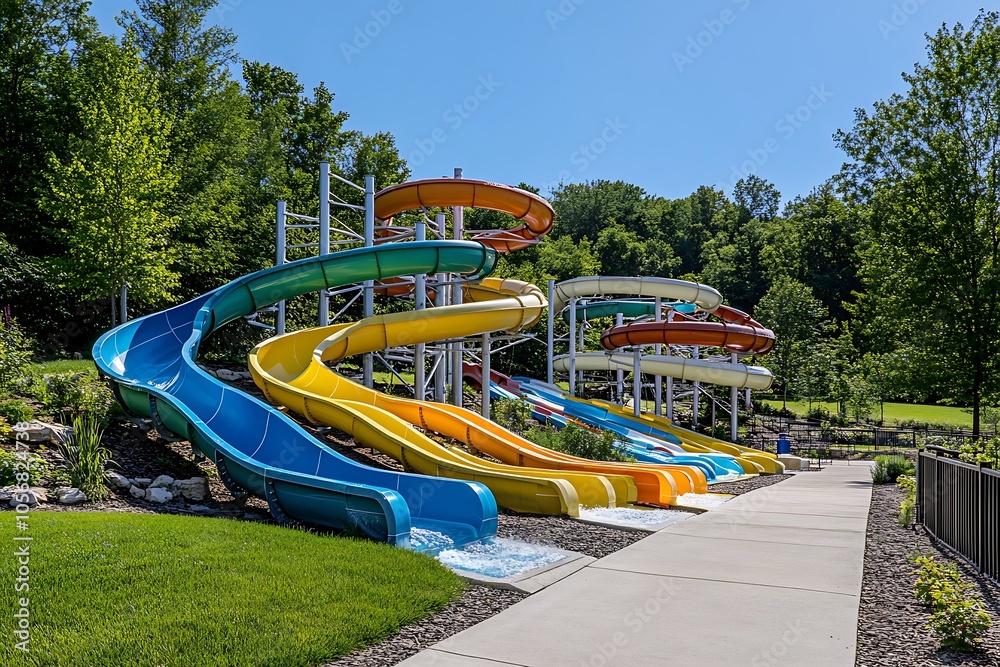 Aquapark sliders with pool. colored plastic water slides with pool in outdoor aqua park. Aquapark sliders with pool. colored plastic water slides with pool in outdoor aqua park.