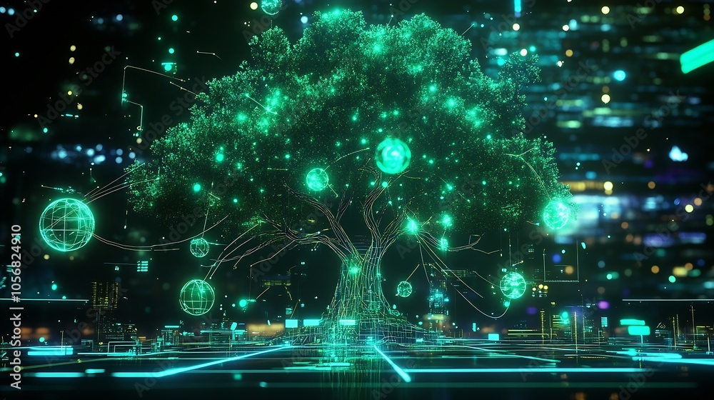 Fototapeta premium Virtual Reality Cyber Tree with Neon Glow in High Tech Digital Cityscape : Generative AI