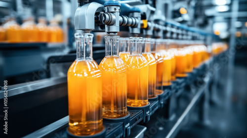Automated assembly line in beverage factory filling transparent bottles with orange liquid under industrial manufacturing setting