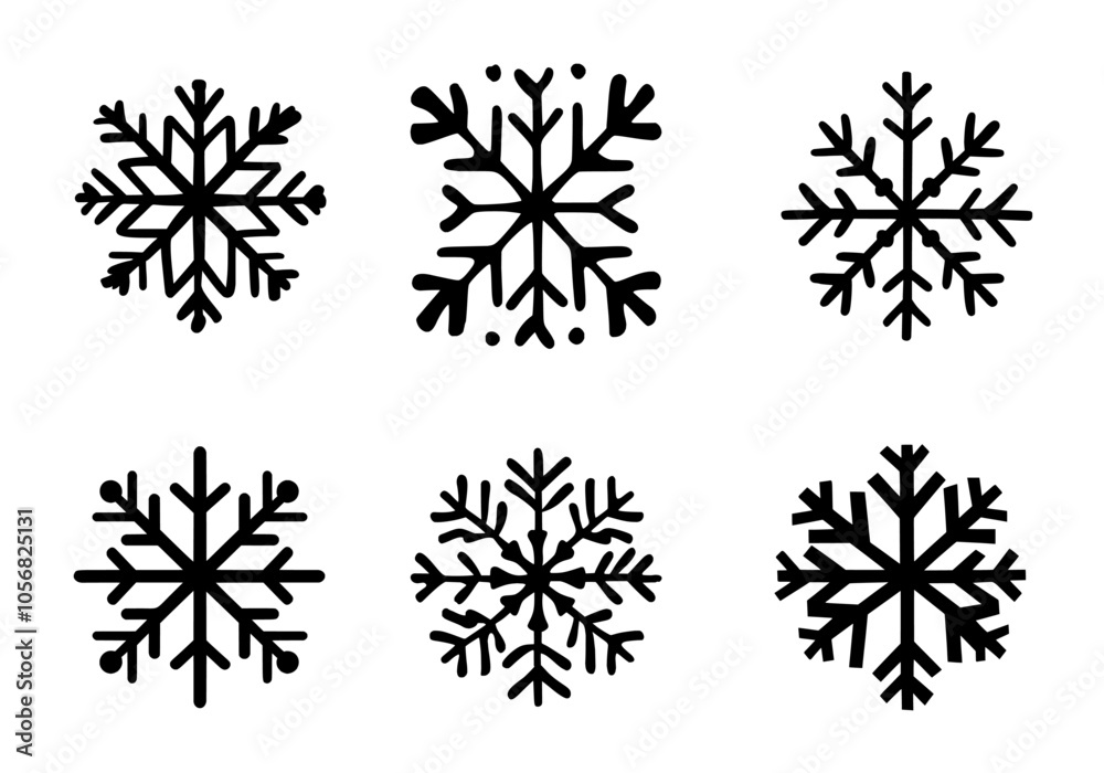 Six simple snowflake icons, various styles.