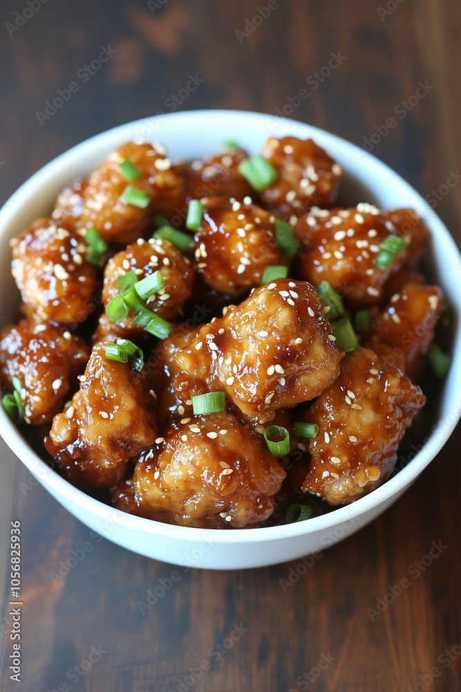 Delicious sweet and sour chicken balls garnished with green onions served in a white bowl on a wooden surface