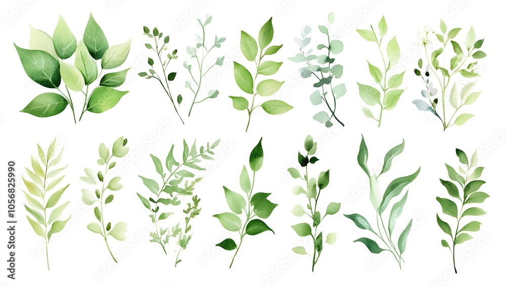 Gentle Watercolor Green Leaves and Plant Sprigs
Gentle Watercolor Green Leaves and Plant Sprigs