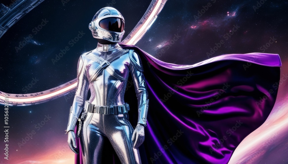 A futuristic astronaut in a sleek, metallic spacesuit and reflective helmet stands confidently with a flowing, deep-purple cape against a cosmic background of galaxies and stars A futuristic astronaut in a sleek, metallic spacesuit and reflective helmet stands confidently with a flowing, deep-purple cape against a cosmic background of galaxies and stars