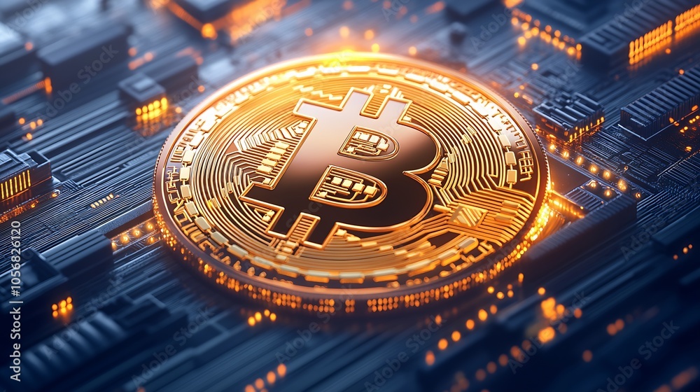 Shiny gold Bitcoin on complex microchip reflecting evolution of digital finance and technology : Generative AI Shiny gold Bitcoin on complex microchip reflecting evolution of digital finance and technology : Generative AI