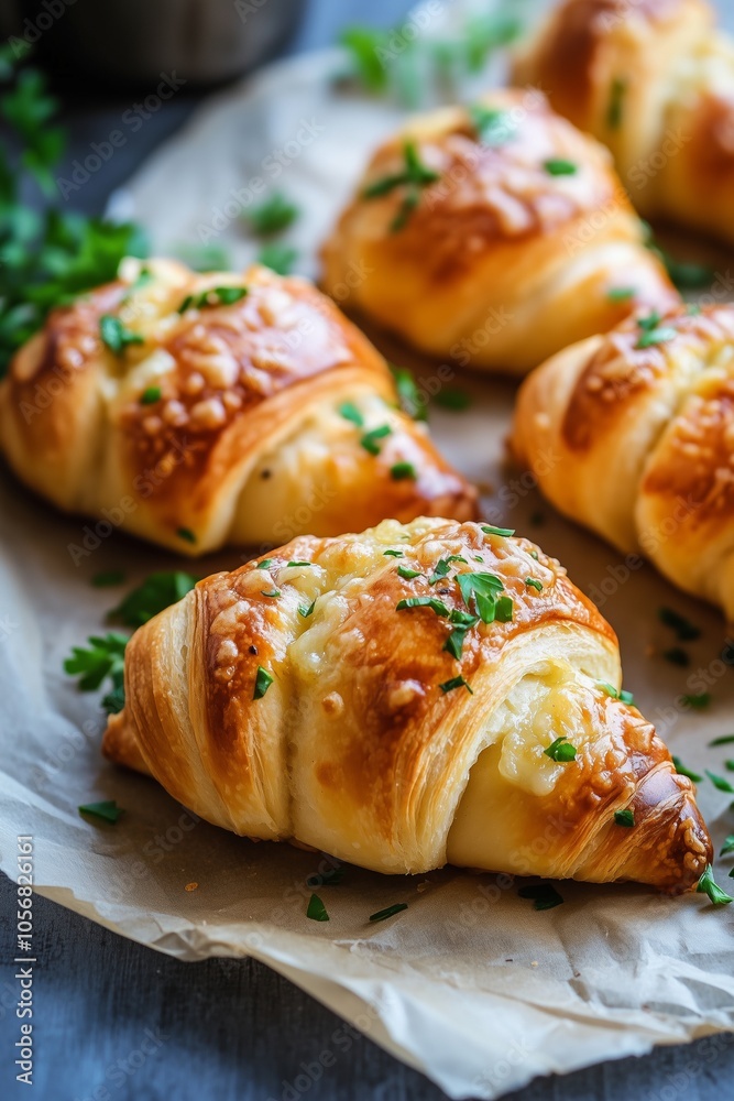 Freshly baked golden croissants topped with herbs and cheese arranged on parchment paper in a cozy kitchen setting Freshly baked golden croissants topped with herbs and cheese arranged on parchment paper in a cozy kitchen setting