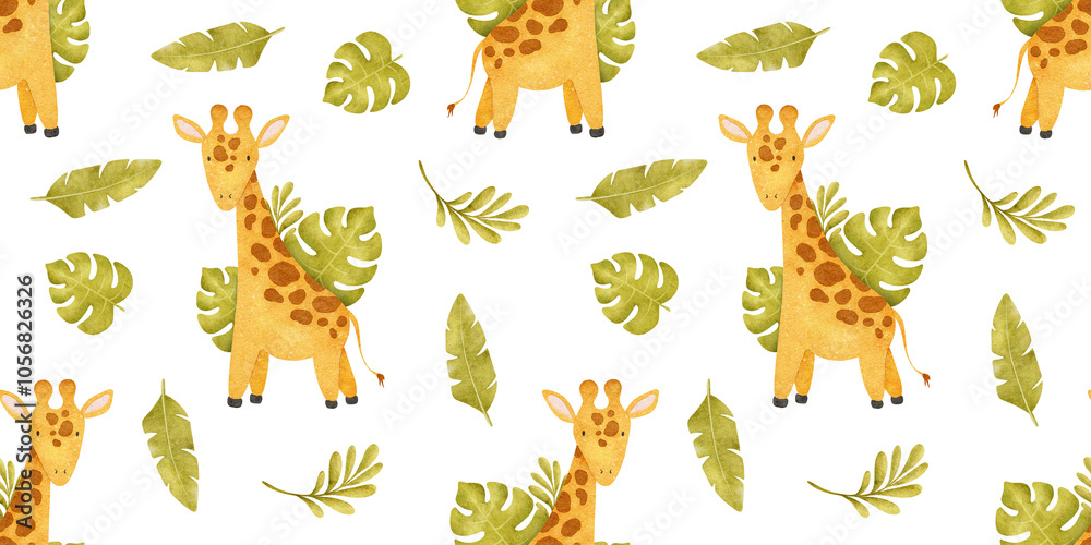 Fototapeta premium Cute baby giraffe,tropical Monstera leaves. Background of jungle animal. Watercolor Print for design kid's clothes, fabric, wallpaper, office supplies