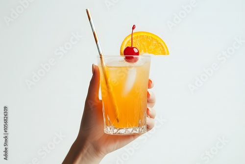 Refreshing Orange Summer Drink with Lemon Slice and Straw 