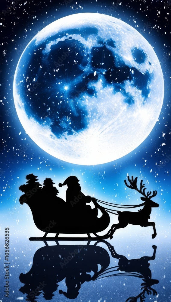 Silhouetted against a large, glowing full moon, Santa Claus rides in his sleigh pulled by reindeer over a snowy landscape. Christmas greeting card Silhouetted against a large, glowing full moon, Santa Claus rides in his sleigh pulled by reindeer over a snowy landscape. Christmas greeting card