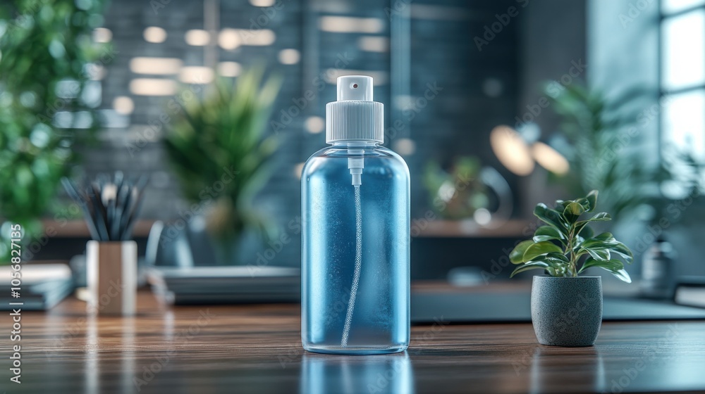 Clear spray bottle with blue liquid on a wooden desk. Clear spray bottle with blue liquid on a wooden desk.