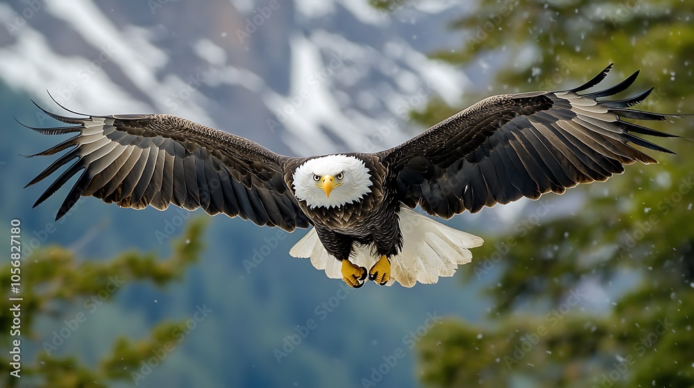 Fototapeta premium An aweinspiring view of an eagle flying directly towards the camera, showcasing its sharp talons and piercing gaze as it effortlessly navigates through the mountainous terrain