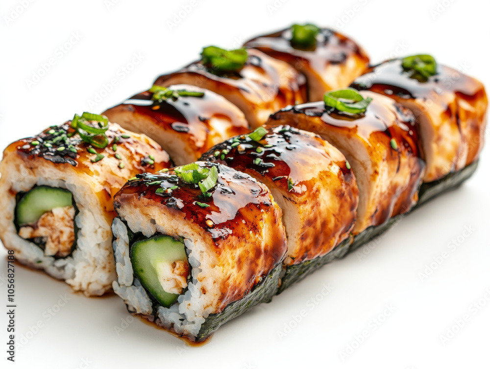 Teriyaki chicken sushi roll with cucumber and sesame seeds drizzled in soy glaze, garnished with chopped green onion on a white background, focus on Japanese cuisine Teriyaki chicken sushi roll with cucumber and sesame seeds drizzled in soy glaze, garnished with chopped green onion on a white background, focus on Japanese cuisine