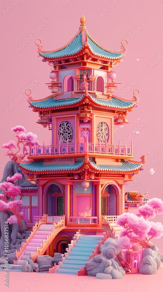 Obraz premium Traditional Chinese 3d ancient building illustration poster background