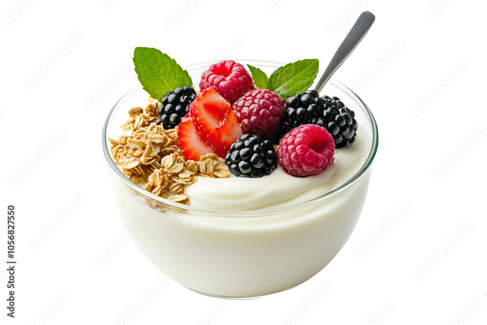 Bowl of yogurt topped with granola, strawberries, and raspberries with a spoon isolated on white background. Concept of healthy breakfast or snack Bowl of yogurt topped with granola, strawberries, and raspberries with a spoon isolated on white background. Concept of healthy breakfast or snack