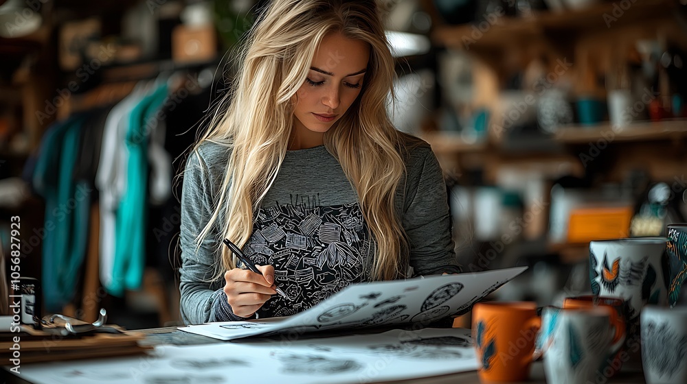 Fototapeta premium Dedicated Artist Drawing Detailed Artwork in Personal Creative Studio : Generative AI