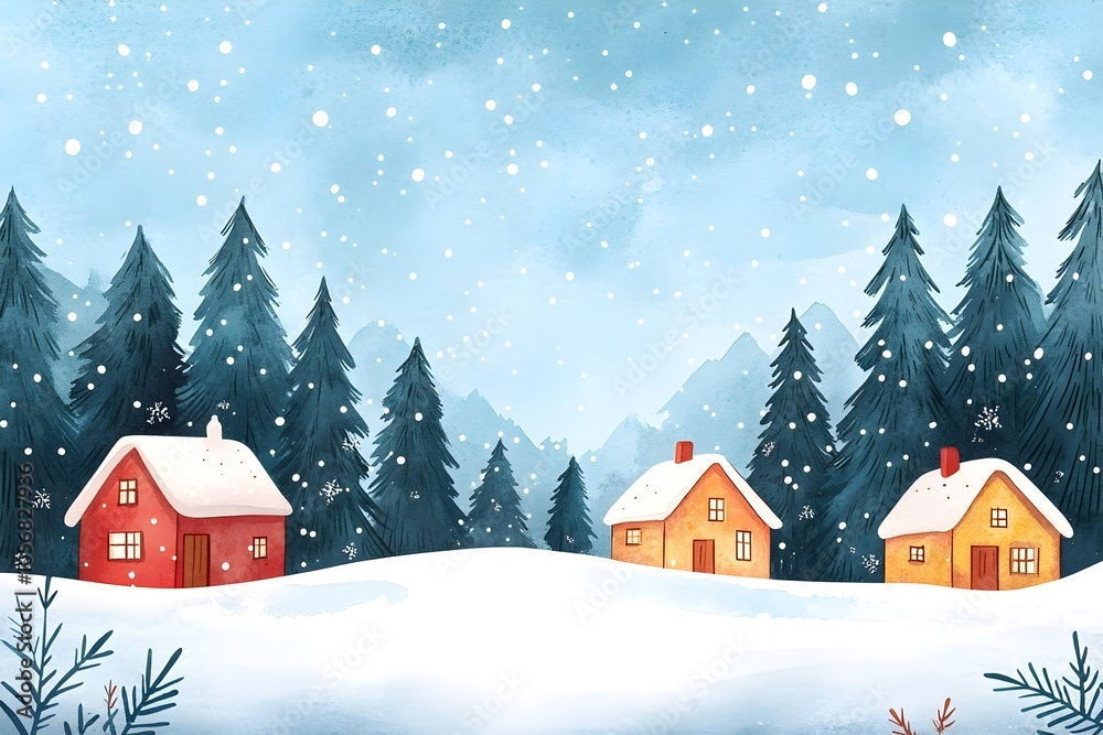 Fototapeta premium Cozy Snowy Landscape with Pine Cabins Peaceful Winter Day in Watercolor Style
