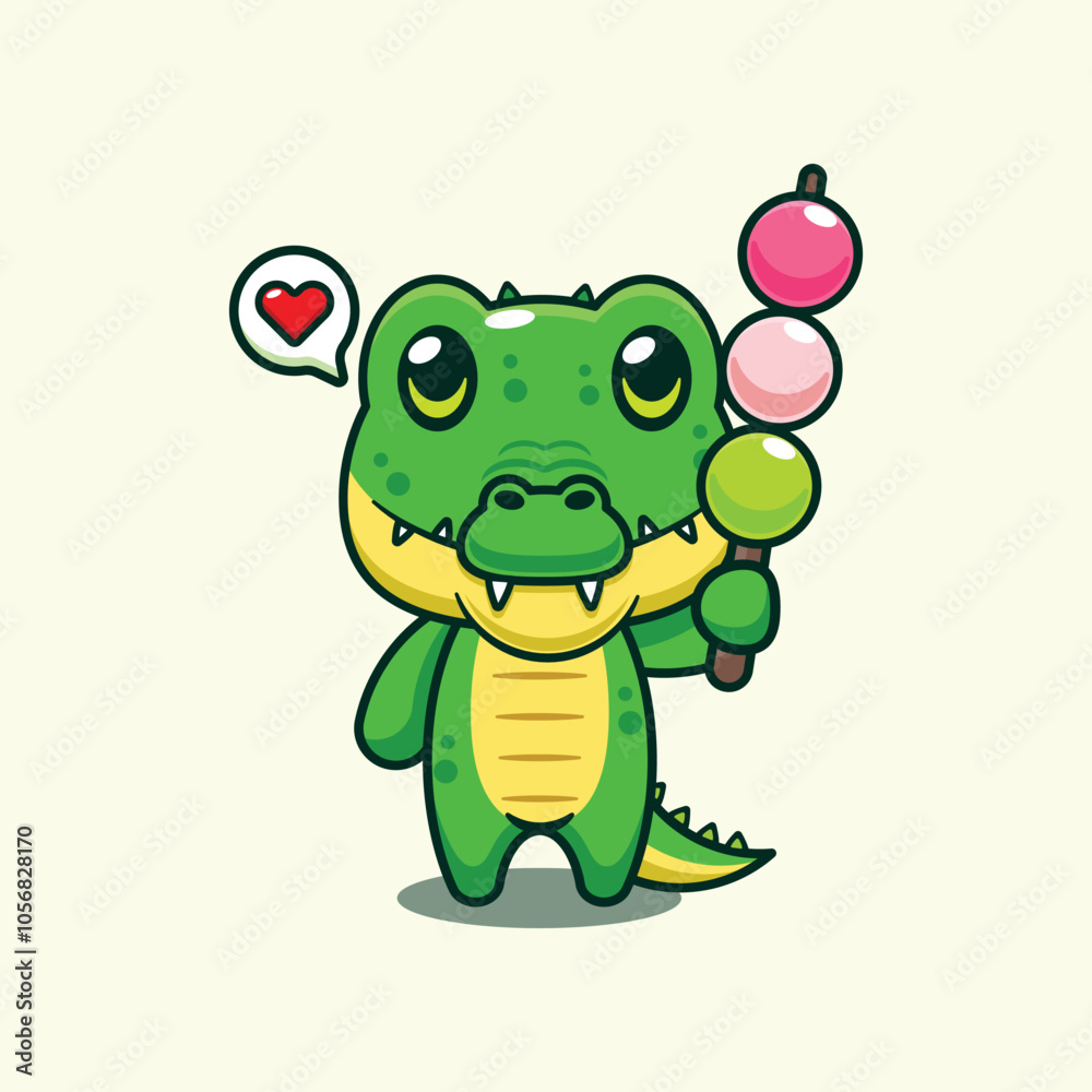 Obraz premium Crocodile eating dango cartoon vector illustration.