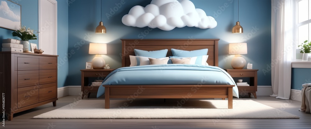 Modern bedroom interior with cloud decor and cozy lighting Modern bedroom interior with cloud decor and cozy lighting