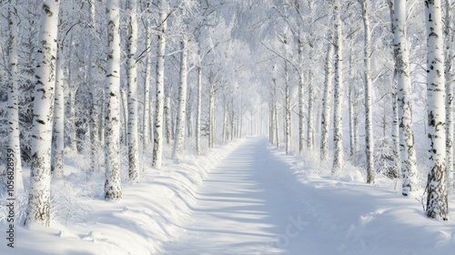 Serene Winter Wonderland: Cross-Country Skiing Trail Amid Snow-Dusted Trees for Winter Sports Enthusiasts