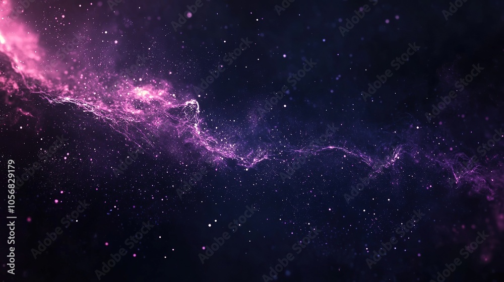 Obraz premium A beautiful abstract depiction of a purple nebula stretching across a dark cosmic background, dotted with stars and particles. This ethereal image captures the vastness and mystery of space