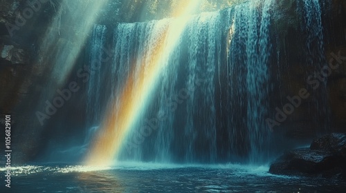 Waterfall With Rainbow And Sunlight