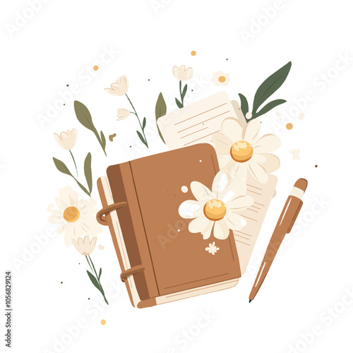 Cozy Desk with Journal, Coffee, and Flowers. Flat Lay of Notebook, Coffee, and Floral Decor