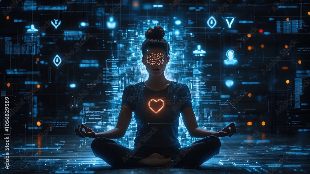 Meditative figure with digital elements Meditative figure with digital elements
