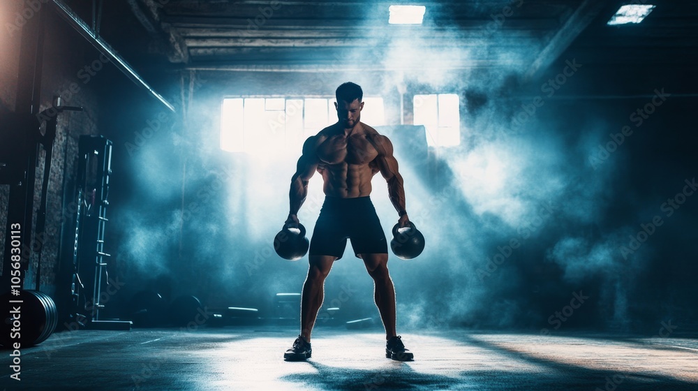 Intense Athlete Lifting Weights in Dramatic Lighting Intense Athlete Lifting Weights in Dramatic Lighting