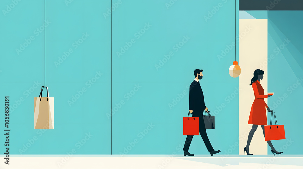 Shopping scene with man and woman carrying bags, vibrant colors Shopping scene with man and woman carrying bags, vibrant colors