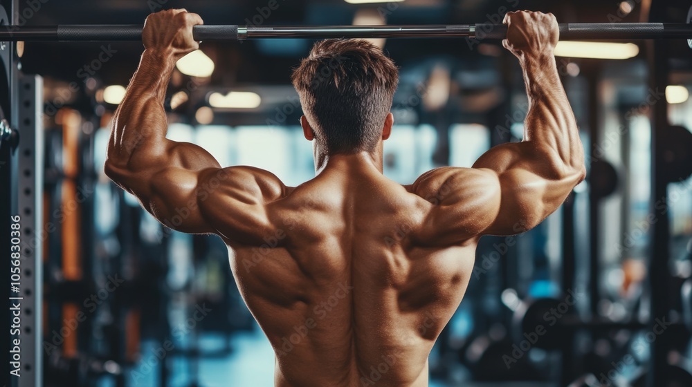 Fit Man Performing Pull-Up in Gym Environment