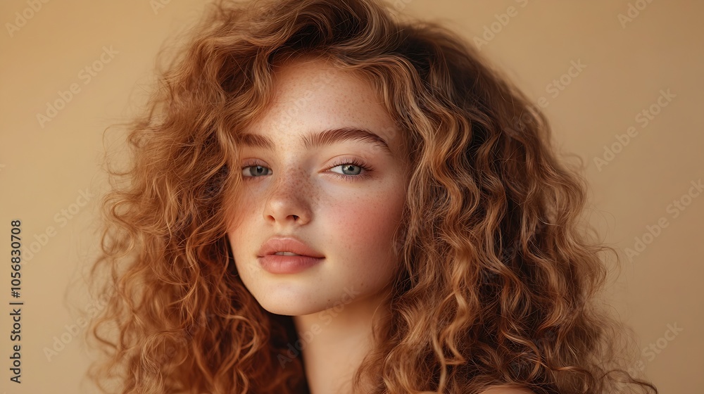 Young Woman with Beautiful Curls and Freckles with Soft Focus Beige Background : Generative AI Young Woman with Beautiful Curls and Freckles with Soft Focus Beige Background : Generative AI