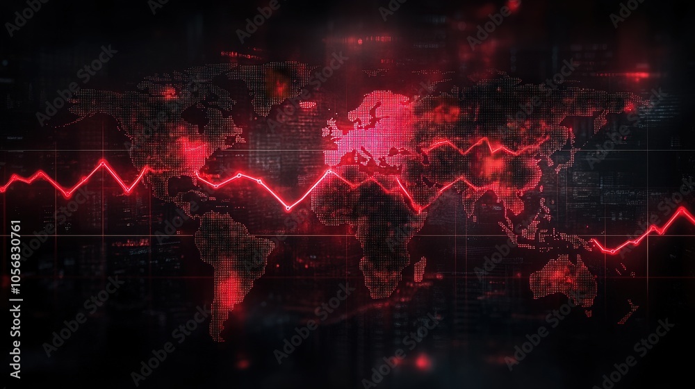 A world map with a red descending line, signaling a steady A world map with a red descending line, signaling a steady