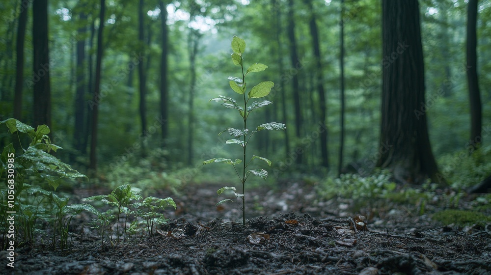A Young Sapling Growing in a Lush Forest A Young Sapling Growing in a Lush Forest