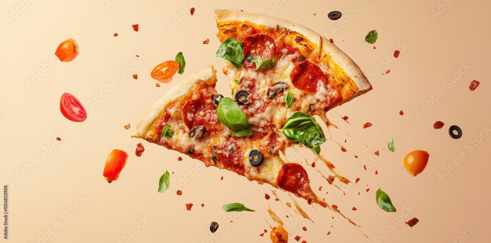 Delicious pizza slice explosion with gooey cheese pull, perfect for food lovers and culinary enthusiasts. Delicious pizza slice explosion with gooey cheese pull, perfect for food lovers and culinary enthusiasts.