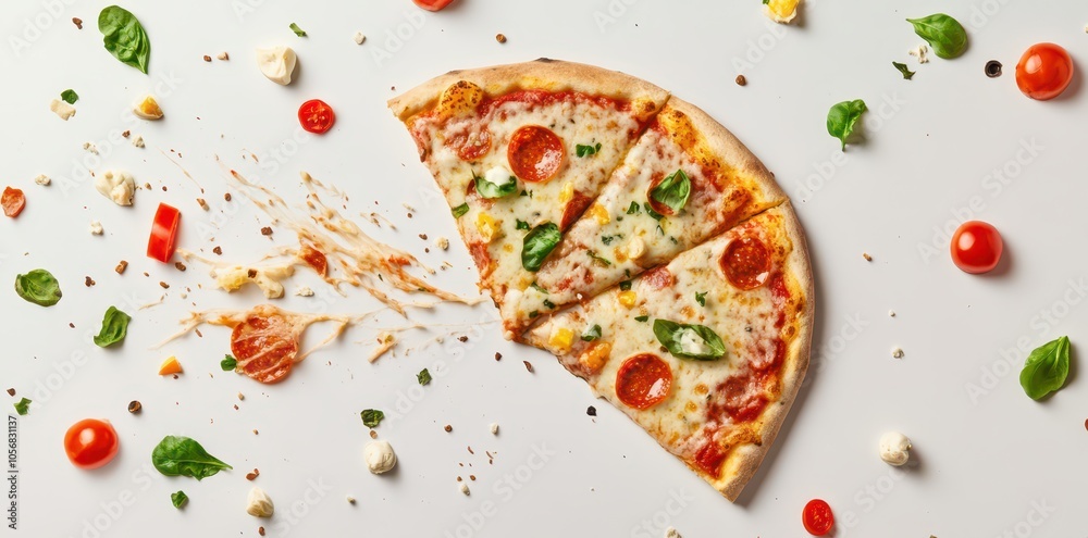 Delicious pizza slice explosion with gooey cheese pull, perfect for food lovers and culinary enthusiasts. Delicious pizza slice explosion with gooey cheese pull, perfect for food lovers and culinary enthusiasts.