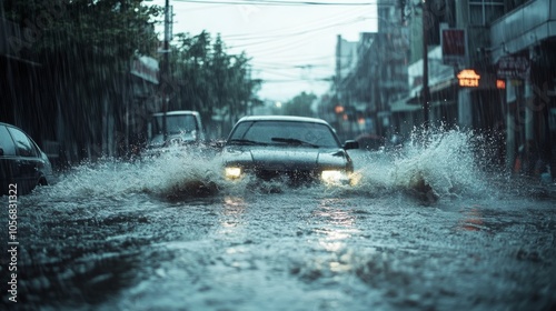 Car Driving Through Flooded Street During Heavy Rain