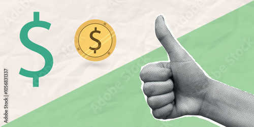 Contemporary Halftone Collage Hand for investments concept, marketing, trading. Online Stock banner with finance elements, coins, money. Vertical invest or business poster. Vector illustration.