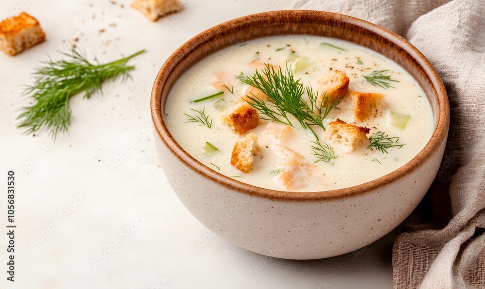 Cucumber soup with croutons and dill in a bowl, Generative AI Cucumber soup with croutons and dill in a bowl, Generative AI