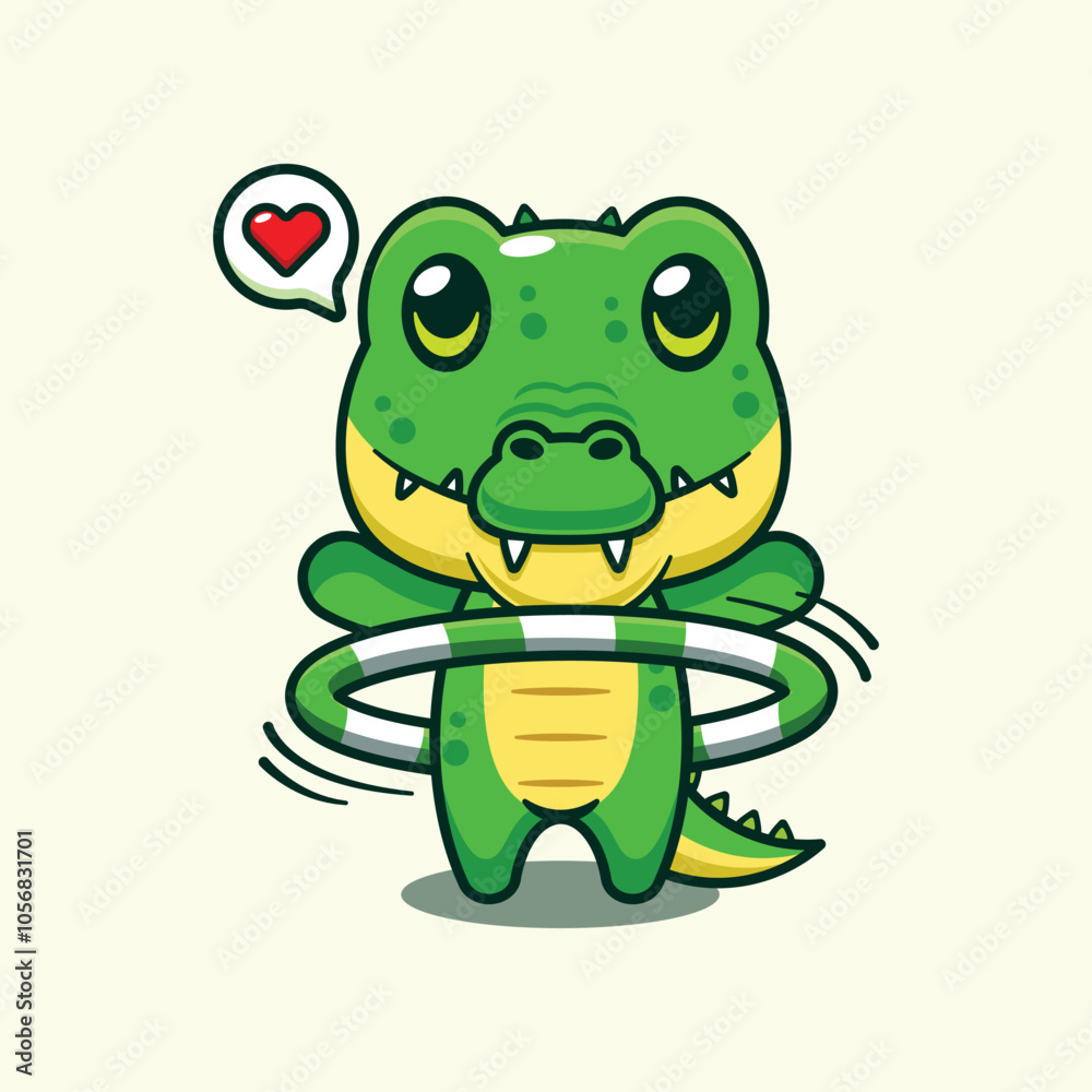 Obraz premium Crocodile playing hula hoop cartoon vector illustration.