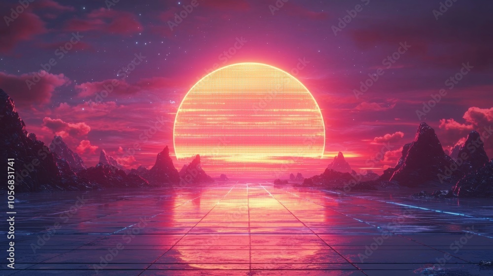 Obraz premium Vibrant Retro Synthwave Sunset Background