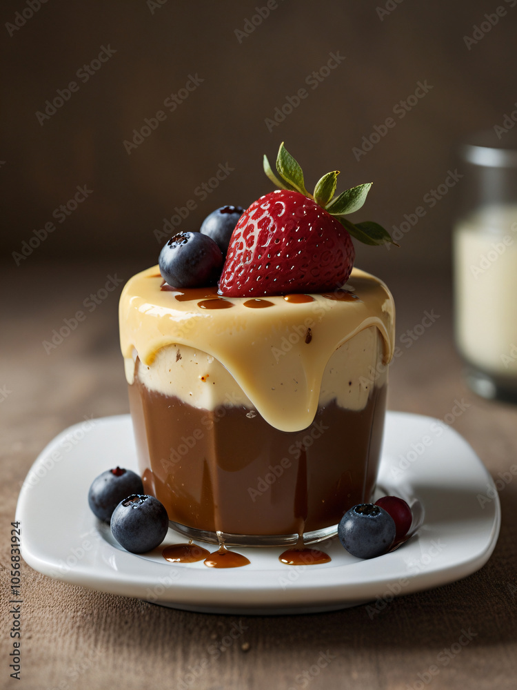 A delicious chocolate pudding topped with whipped cream and a strawberry. A delicious chocolate pudding topped with whipped cream and a strawberry.