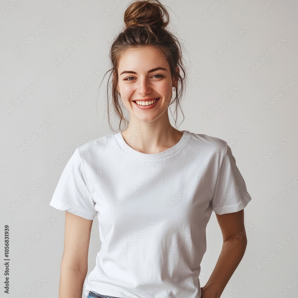 Smiling woman in blank tee concept Smiling woman in blank tee concept