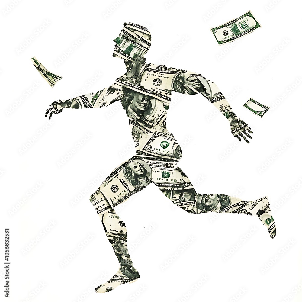 Obraz premium A man made out of dollar bills running after a do 