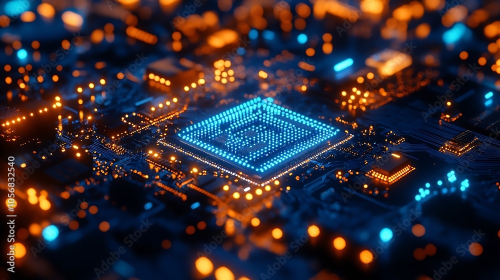 Futuristic Blue and Orange Computer Circuit Board with Glowing Microchip Technology : Generative AI Futuristic Blue and Orange Computer Circuit Board with Glowing Microchip Technology : Generative AI