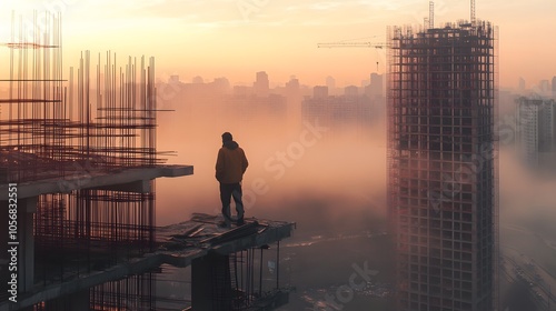 A lone figure stands on the edge of a construction site overlooking a foggy cityscape at sunrise.